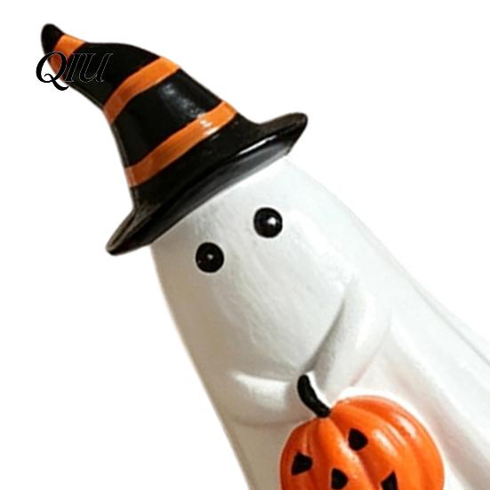 Halloween Ghost Decoration Figurine with Witch Hat, Cute Small Resin Smooth Texture Statue Holding Pumpkin for Home Table Shelf Desk Decor Seasonal