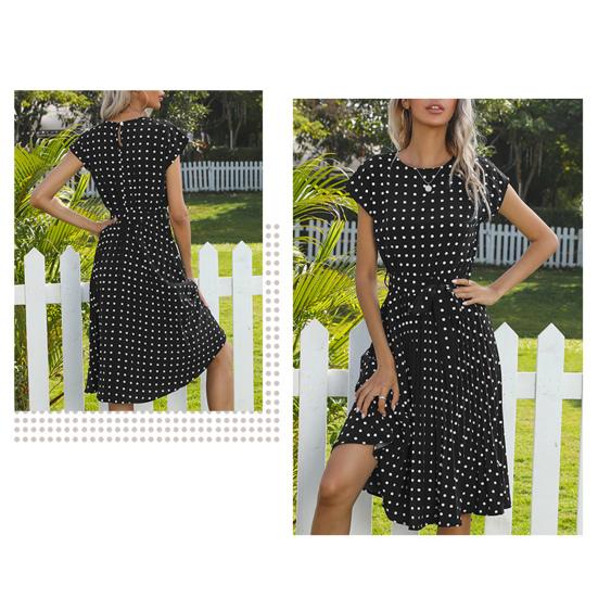 Women Polka Dot Print Midi Dress Crewneck Short Sleeve A-line Dress with Belt Summer Beach Swing Sundress