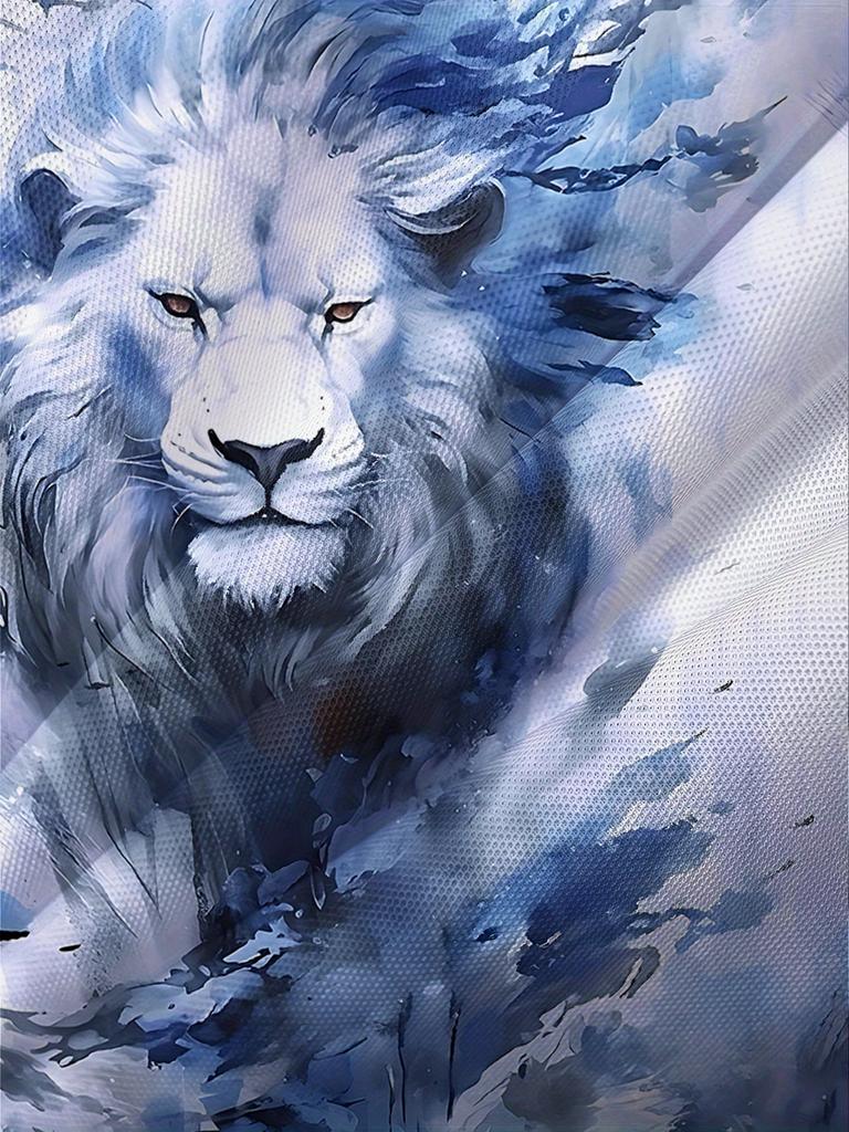 Men'S 3D Lion Print Shirt - Bright Blue And White Watercolor Design, Made from Breathable Fabric, Regular Fit with Button- Collar, Suitable for