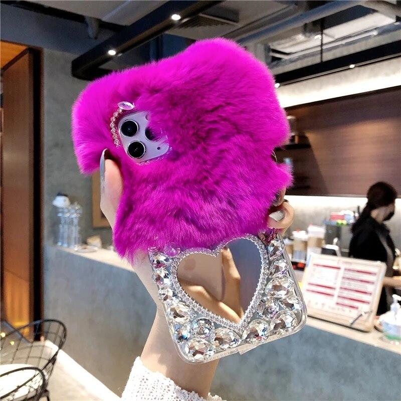 Чехол из пушистого меха кролика для Samsung S24 Ultra S23 Fe S22 Plus A15 A25 A35 A55 A14 A24 A34 A54 A13 A53, роскошный роскошный теплый пушистый плюшевый чехол со стразами