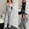 Women Two Piece Sets Sexy V-neck Long Sleeve Shirts Loose High Waist Wide Leg Pant Sets Lady Running Tracksuits