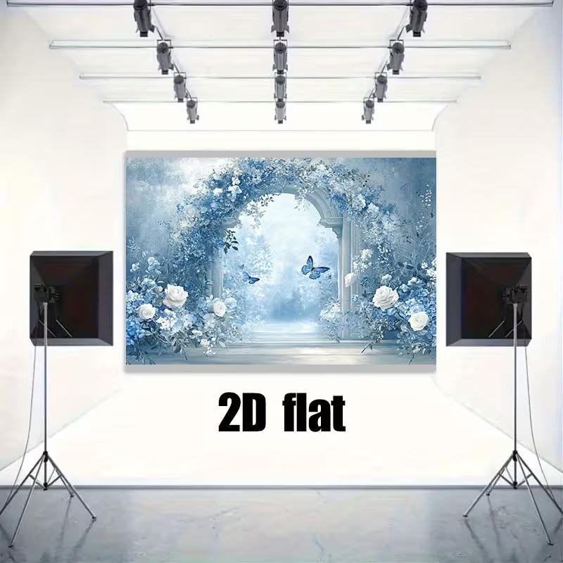 2D Enchanted Blue Floral Door Backdrop, Watercolor Garden with Butterflies for Wedding & Events