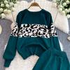 Autumn Winter Designer Print Leopard Knitted Sweater Trouser Two Piece Set Women O-neck Pullover Tops And Ankle Length Pants Suit