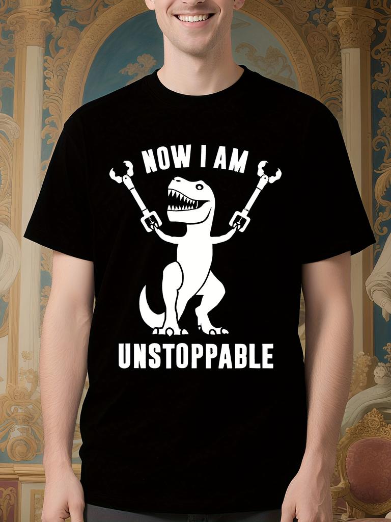 Funny T-Rex Graphic - Now I Am Unstoppable Motivational Dinosaur Tee with Claw Grabbers - Black Shirt with White Print T-shirt