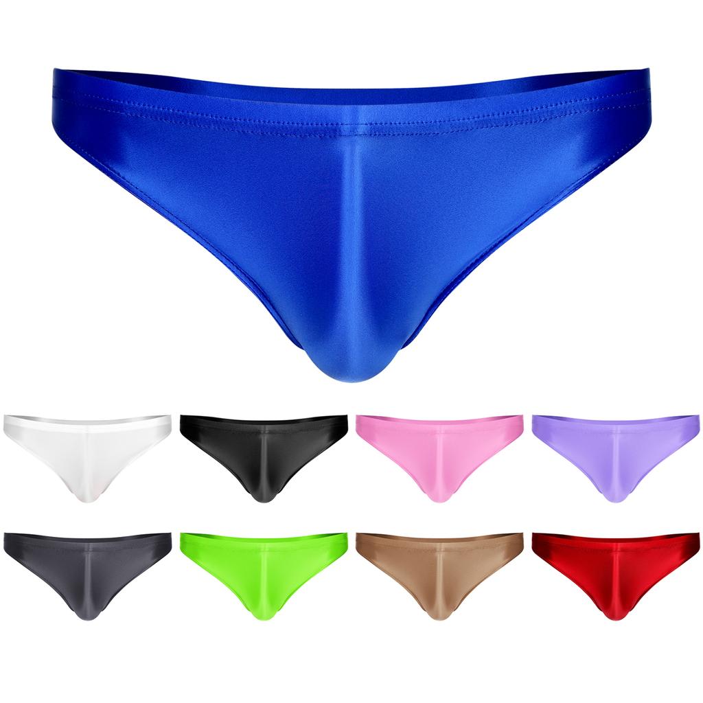 Mens Glossy Low Rise Briefs Solid Color Elastic Waistband Underpants Underwear Swimwear