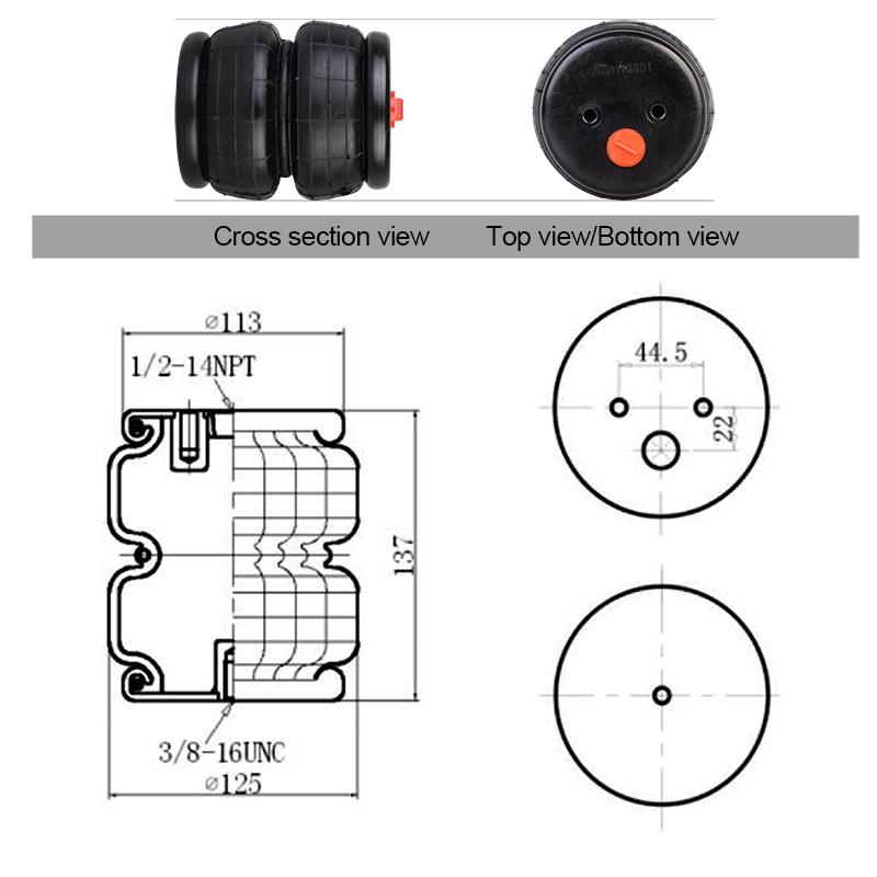 2E2300 Double Convolute Airbags for Truck/Bus/Trailer Heavy-Duty Pneumatic Suspension 113-137mm Adjustable 1/2-14NPT&3/8-16UNC