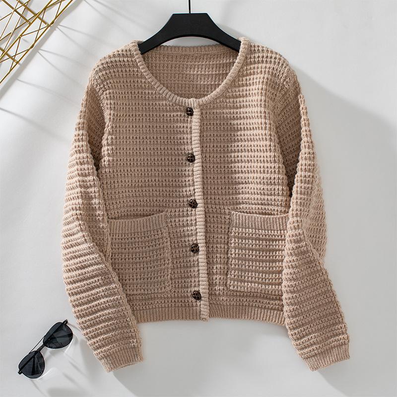 Solid Color Single Breasted Round Neck Knitted Cardigan for Women Autumn and Winter Casual Thick Round Neck European and American Sweater for Women