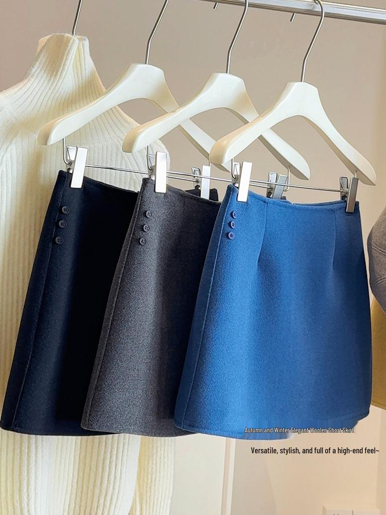 Korean Style Elegant Slimming A-line Woolen Skirt - Women's High Waist Anti-Exposure Short Skirt for Autumn/Winter 25