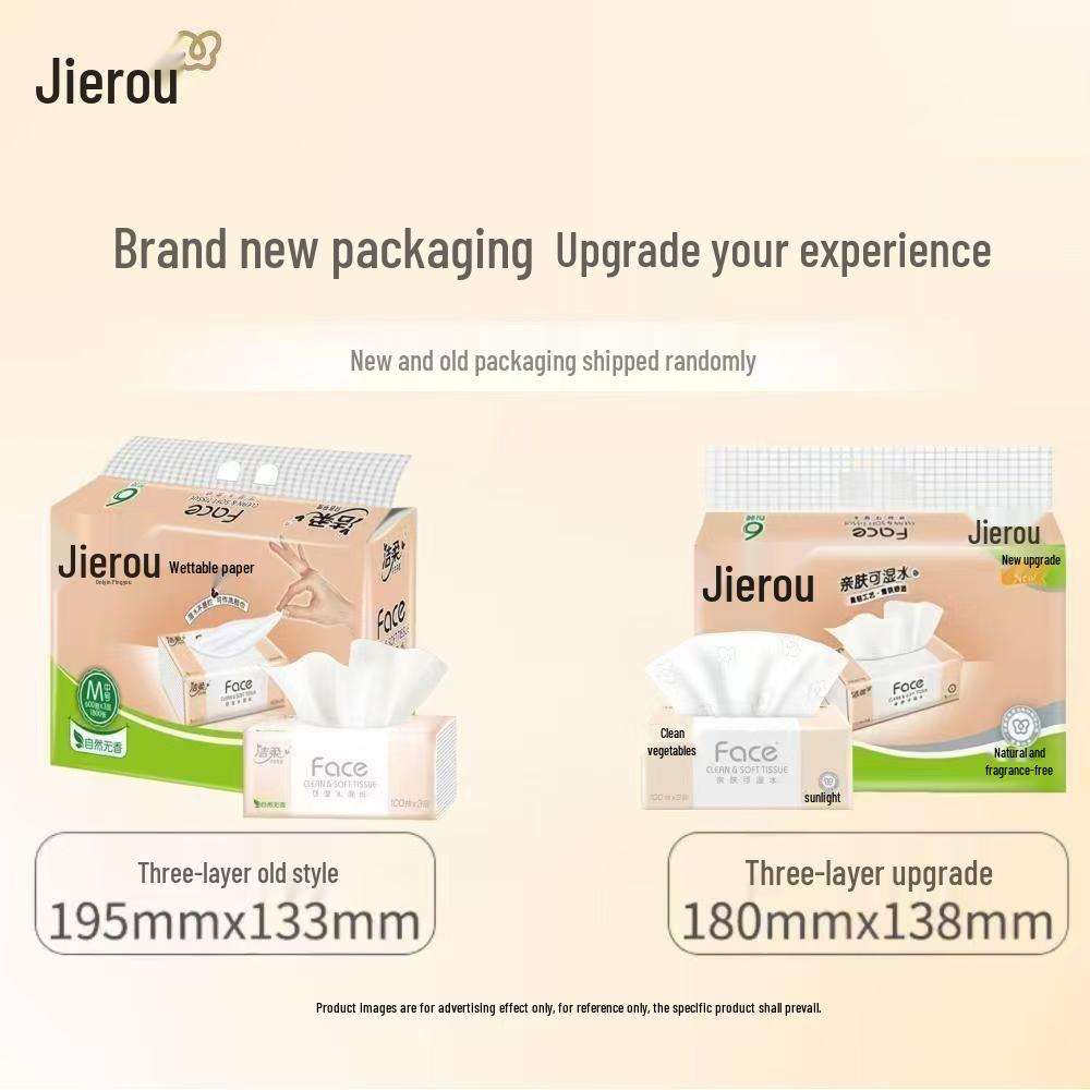 Jie Rou Unscented 3-Ply Face Tissue, 6 Packs x 100 Sheets, Wet-Wipeable, Household Use