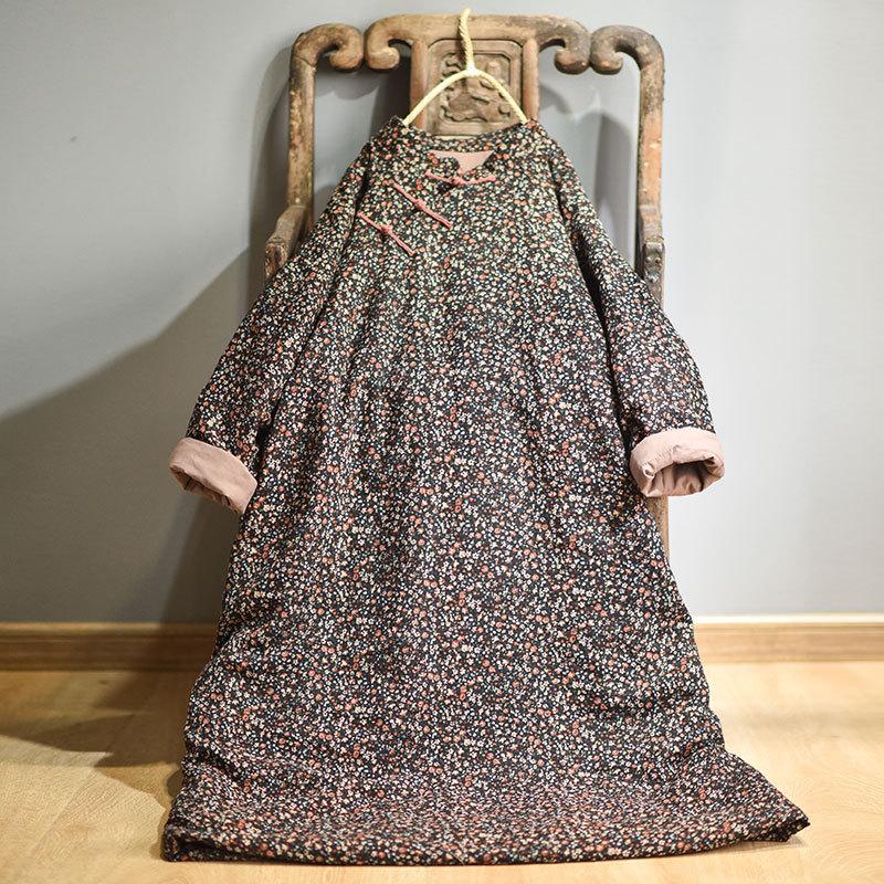 Johnature Autumn Winter Retro Flower Print Plate Buckle Thick Warm Loose Leisure Women Cotton Dresses