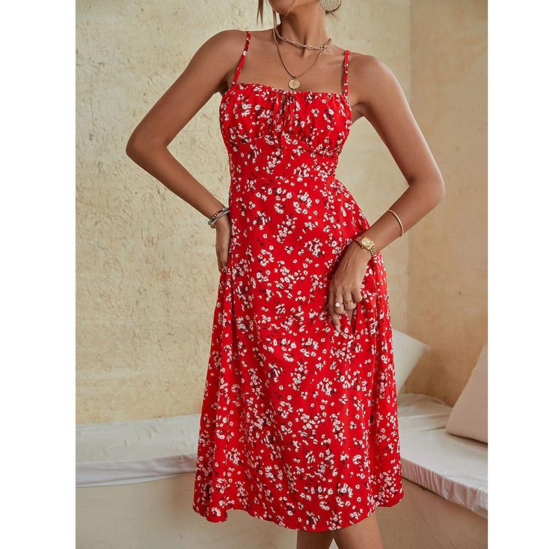 Летние женские платья для отдыха Slim Fit без рукавов с высокой талией, длинное платье А-силуэта с цветочным принтом и разрезом