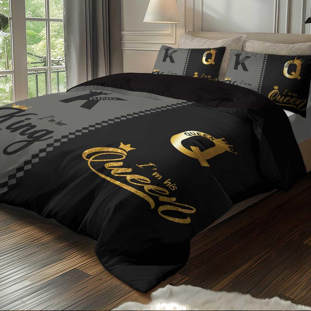 3pcs Fashionable Black Gray K and Q Design Printed Bedding Set, Soft, Comfortable and Breathable Duvet Cover, Bedroom, Hotel