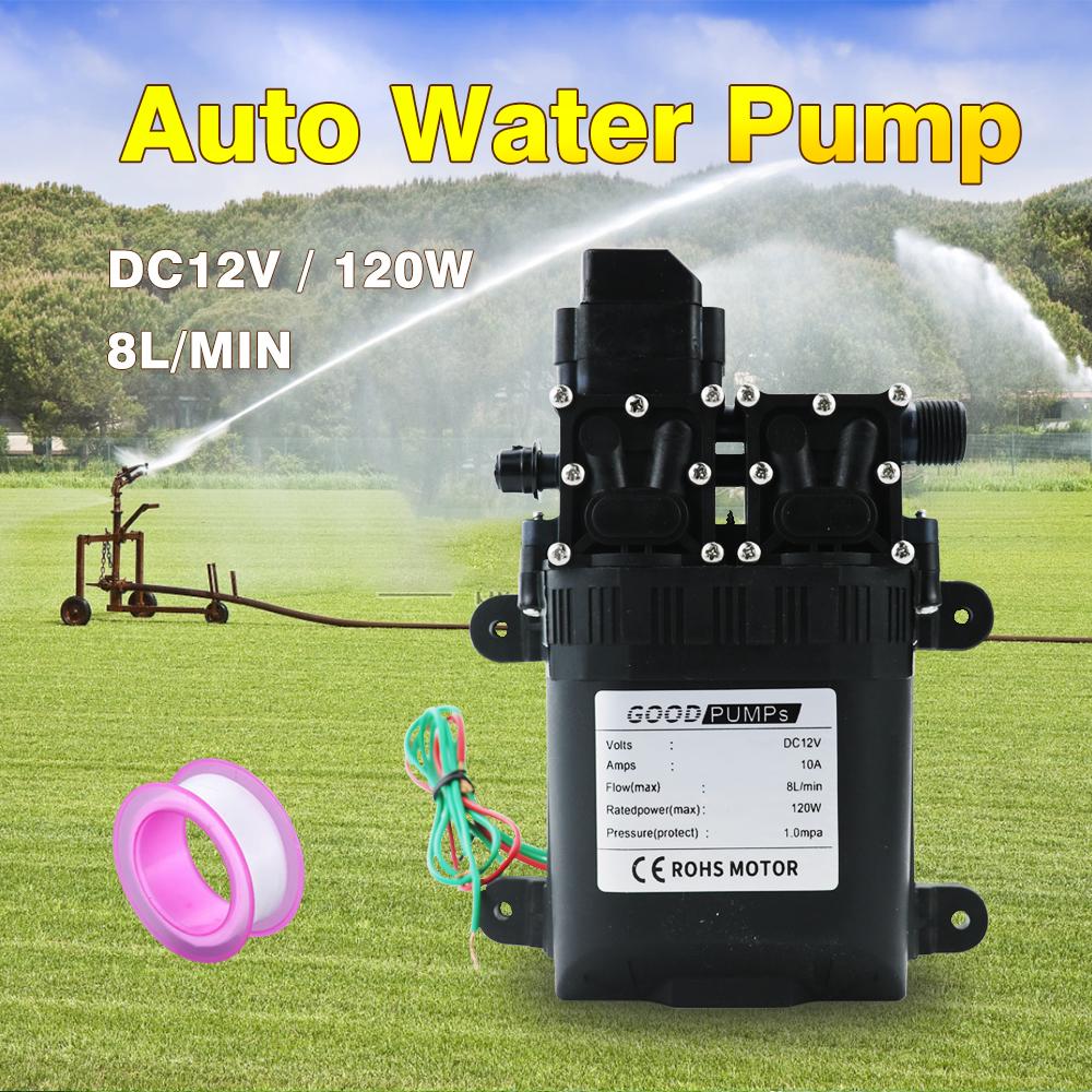 Автоматический диафрагменный водяной насос 8 л/мин, DC12V 120W, компактный, безопасный, высокого давления, самовсасывающий, двухъядерный, сельскохозяйственный.