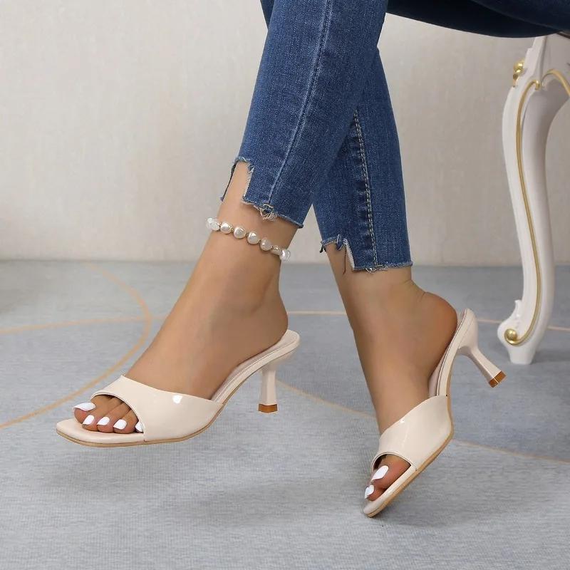 2024 Новые модные женские тапочки с открытым носком, летние рабочие туфли на шпильках, удобные универсальные женские тапочки с квадратным носком