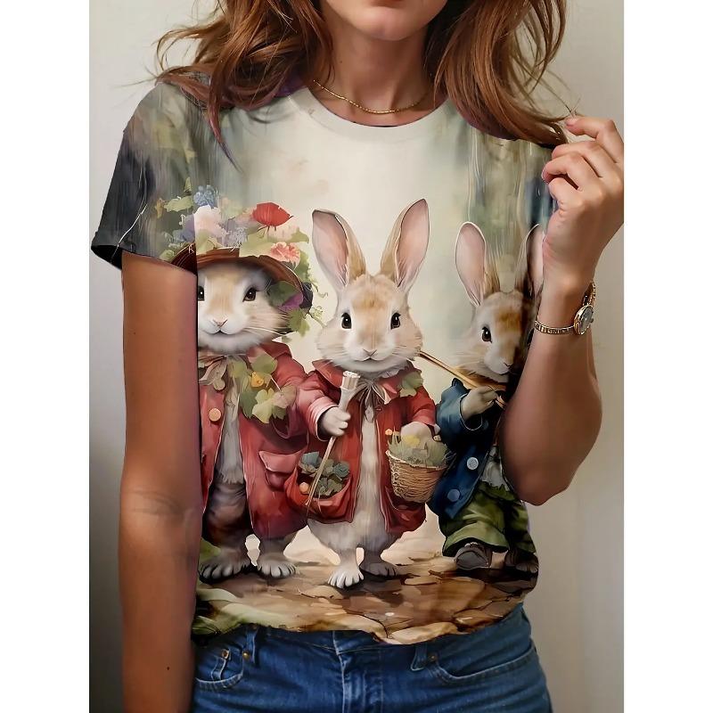 Летний топ с круглым вырезом и принтом 3D кролика, модные повседневные женские футболки с короткими рукавами
