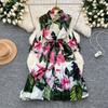 Spring Autumn Women Print Single Breasted Turn-down Collar Oversized Shirt Dresses