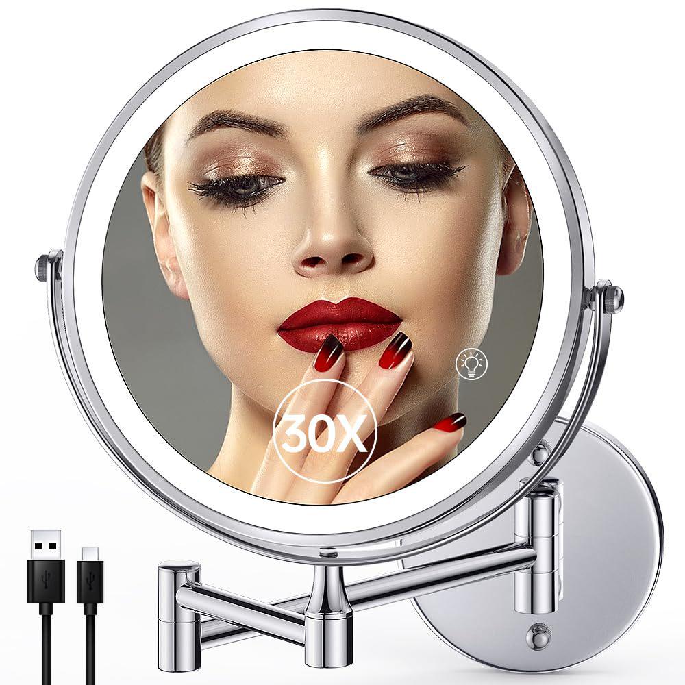 Wall-mounted Lighted Makeup Mirror, Double-sided Retractable Design for Bathroom or Hotel Use