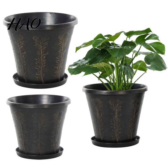 Breathable Planter for Houseplants 8" Retro Flower Pot with Saucer, Thickened Plastic Drainage Hole, Indoor Plant Anti-Aging, Peacock Feather Embossed