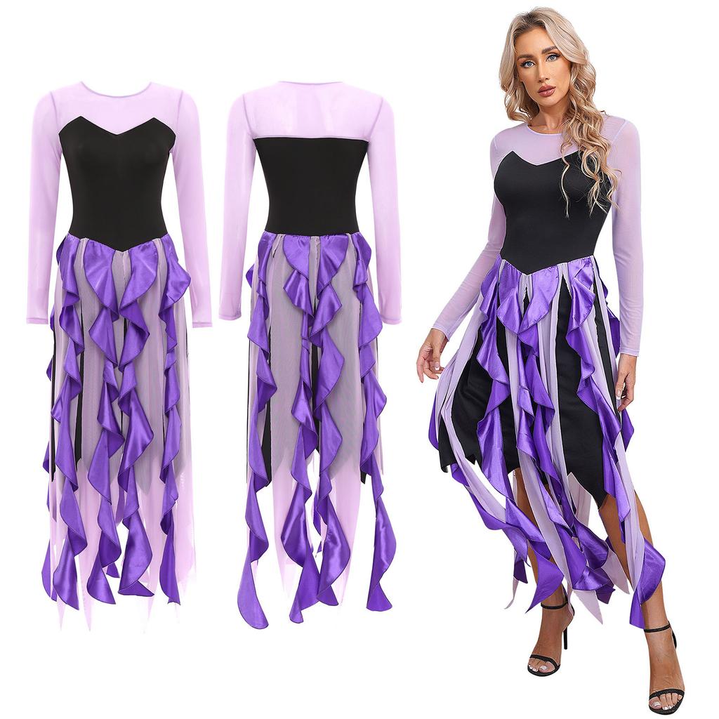 Женские костюмы для косплея «Ведьма-русалка» на Хэллоуин, прозрачное сетчатое платье с длинными рукавами и каскадными оборками, асимметричное платье