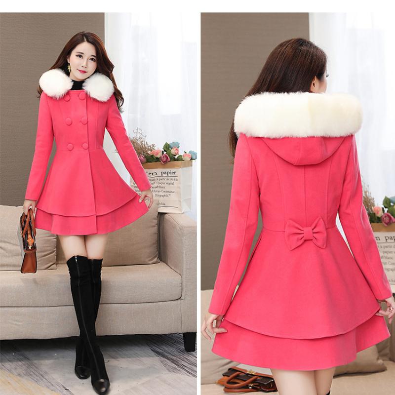 Women's Contrast Color Fur Collar Woolen Coat Nizi Coat Korean Style Slim Style