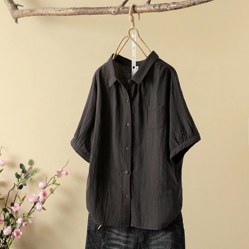 Летняя дышащая удобная рубашка с лацканами, свободная повседневная тонкая художественная рубашка с короткими рукавами