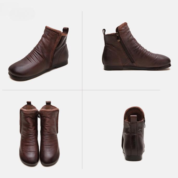 Johnature Короткие сапоги из натуральной кожи с плиссировкой на плоской подошве, удобные, с мягкой подошвой, в стиле ретро для женщин