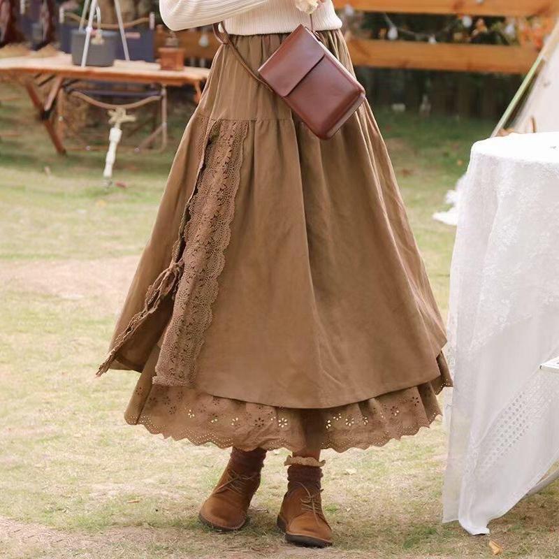 Vintage Mori Cotton Linen Patchwork Lace Skirt Spring All Match Elastic Waist Japanese A-Linen Women Skirts