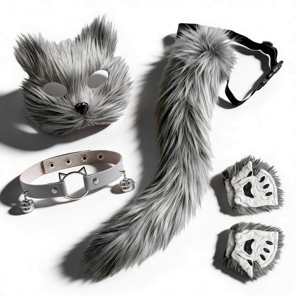 Женский набор для косплея: маска с ушками животного, плюшевые перчатки, ошейник с хвостиком и колокольчиком, вечеринка на Хэллоуин