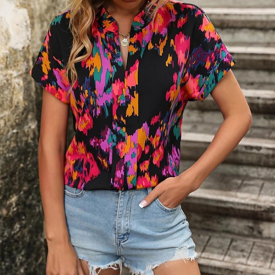 DAFIFY Женская мода лето весна повседневные блузки и рубашки с цветочным узором и принтом с коротким рукавом и v-образным вырезом