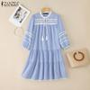 Women Casual Round Neck 3/4 Sleeve Loose Plaid Print Dress