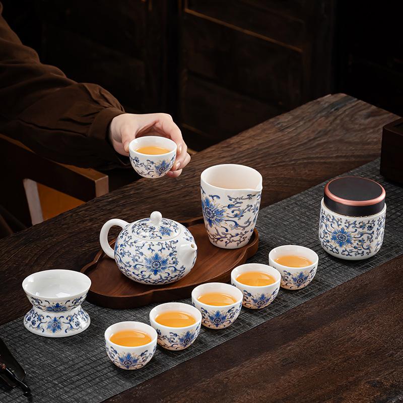 Suet jade set Chinese entangled lotus Kung Fu tea set Home living room tea making Xishi pot hand gift