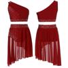 Girls Shiny Rhinestone Lyrical Dance Outfit Sheer Mesh Overlay One Shoulder Crop Top with Skirted Briefs