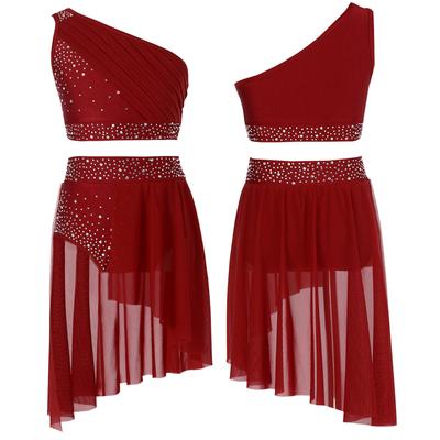 Наряд для лирического танца для девочек, блестящие стразы, сборки, прозрачная сетчатая накладка, кроп-топ на одно плечо, трусы-юбка