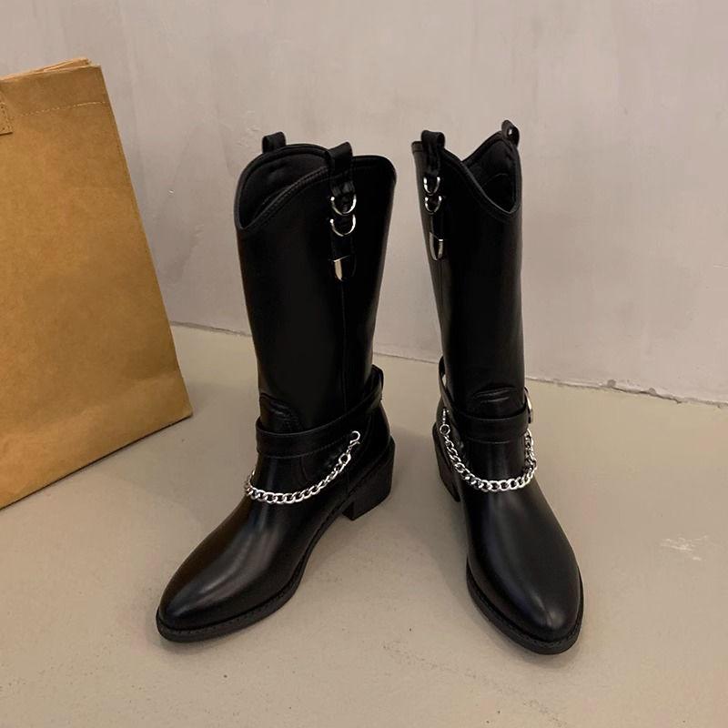 Модные ретро туфли до середины икры на среднем каблуке с ремешком и пряжкой, удобные и элегантные, мода 2025, тренд косплея, женские полусапоги