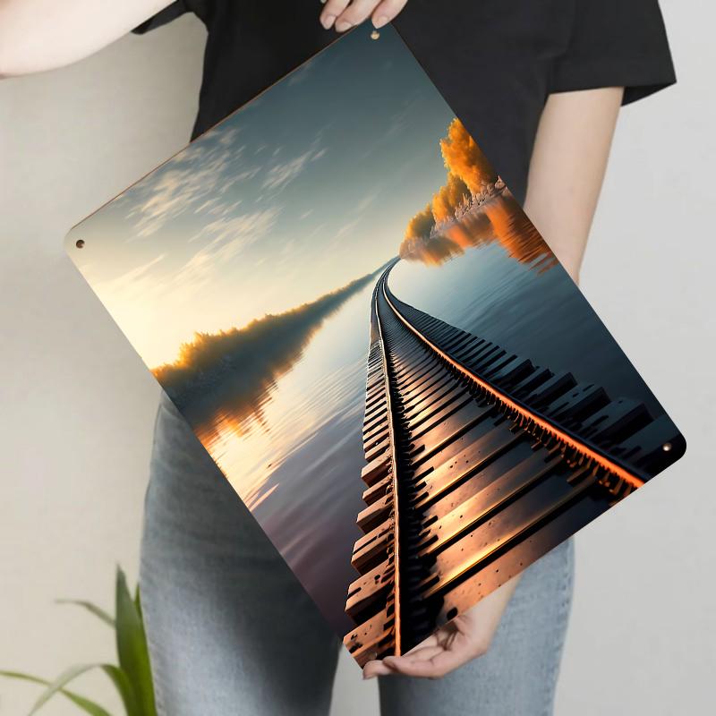 Railway Track Leading to Golden Sunset Lake Reflection Metal Wall Art Modern Minimalist Home Decor