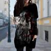 Women's Skull Print Crew Neck Dress Spring Fall Plus Size Dress Pocket Dresse