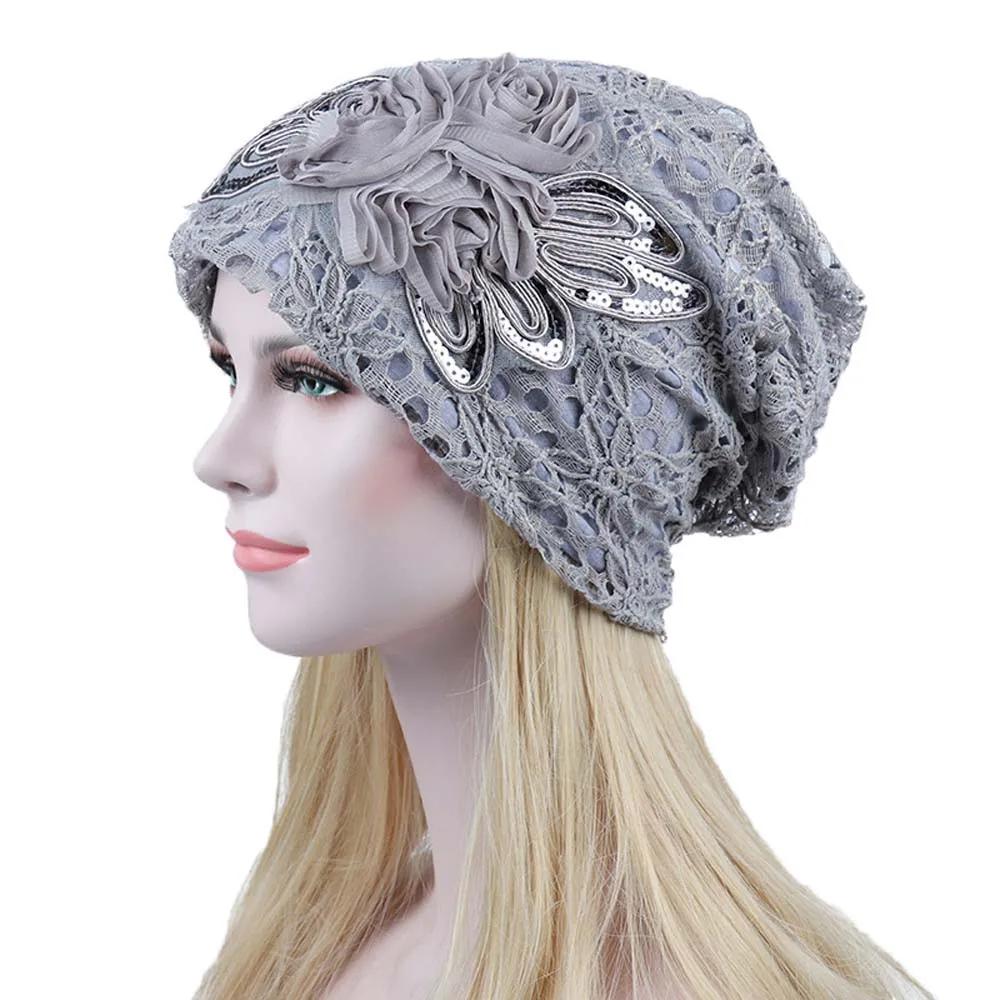 Omen Sequins Lace Turban Cap Flower Muslim Headwear Hat Female Head Wraps Ladies Bonnet Turbante Mejur