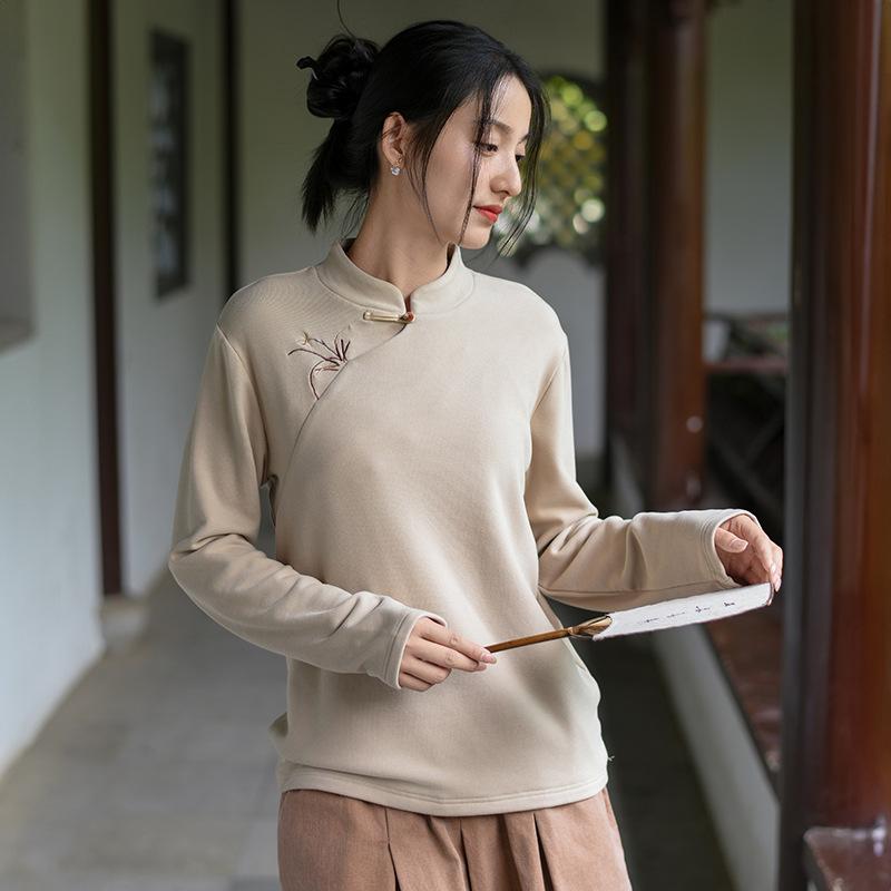 Johnature Женские рубашки-стойки в китайском стиле, теплые осенние топы, вышитые цветочные блузки, мягкая рубашка с длинным рукавом