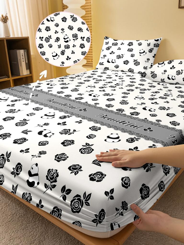 Simple 1 Modern Plant Flower Rose Printed Matte Fitted Sheet, Bedroom Printed Bed Cover, Bedding Excluding Pillowcases