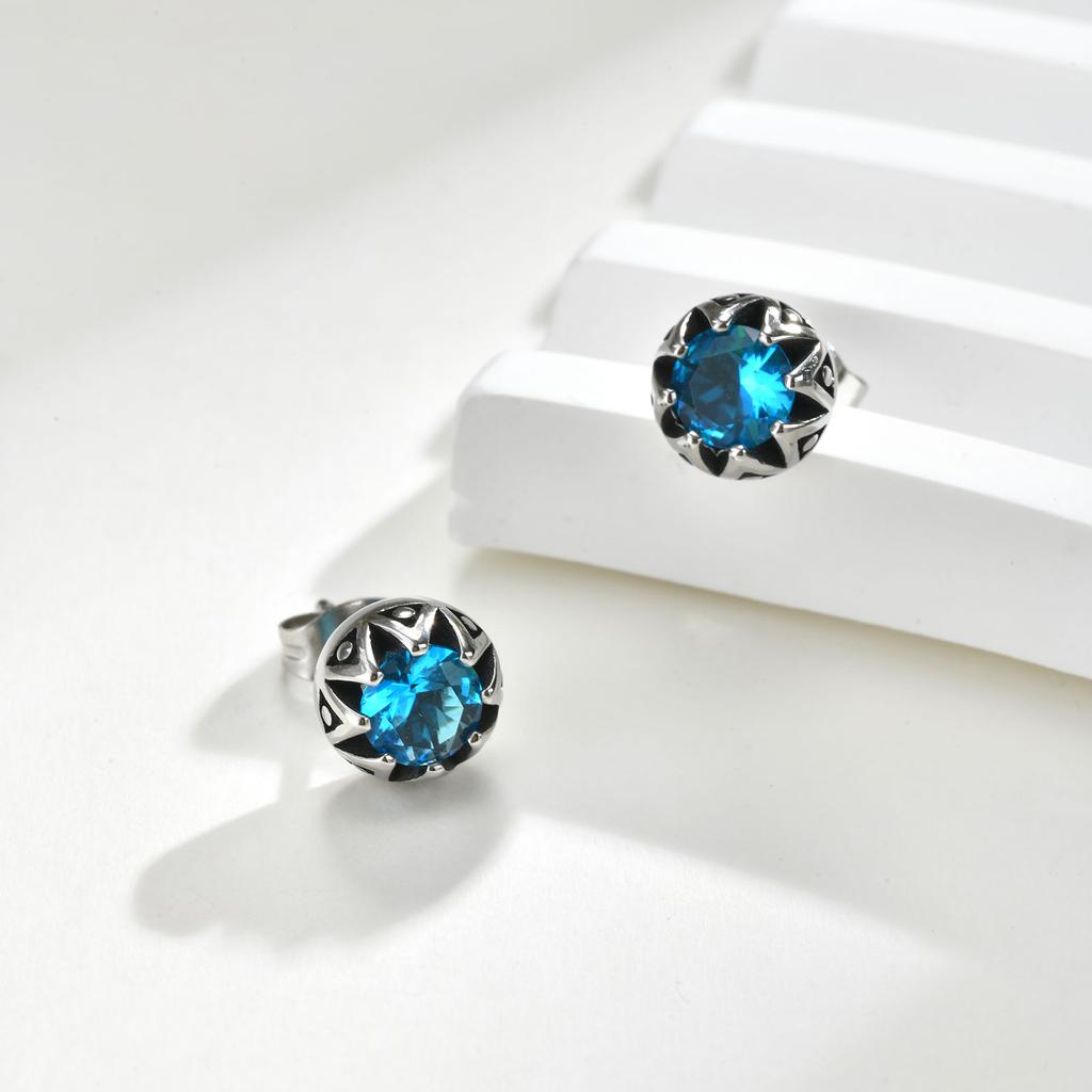 Fashion Geometric Blue Zircon Studs Earrings, Stainless Steel Round Earrings for Men Punk High Quality Jewelry Gift