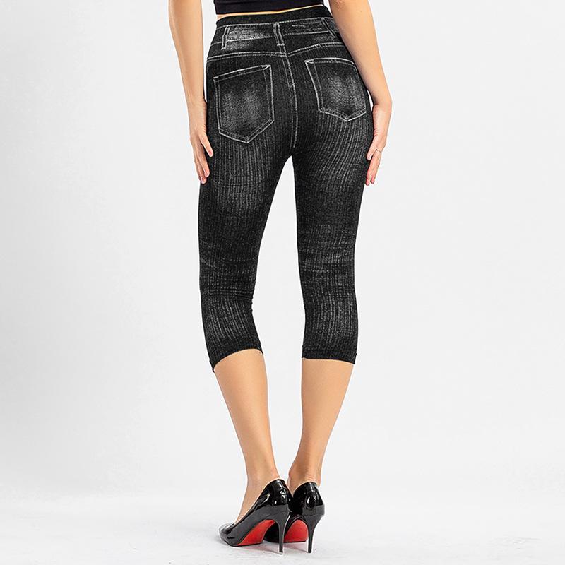 Fashion Women's Casual Imitation Denim Printed Tight Pants Comfy Elastic Waist Skinny Yoga Pants Ladies Butt Lifting Slim Fit Leggings