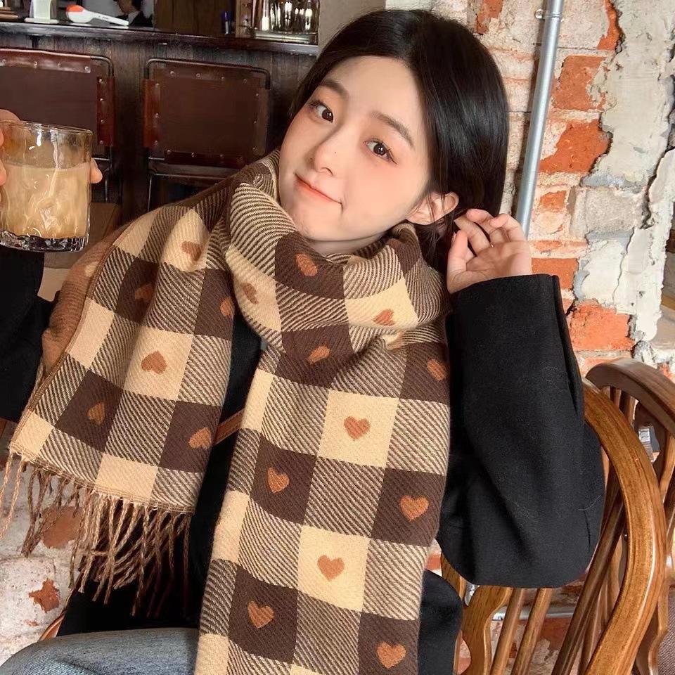 Soft Love Plaid Scarf Female Autumn and Winter Student Retro Versatile Student Warm Thickened Double-sided Shawl Scarf