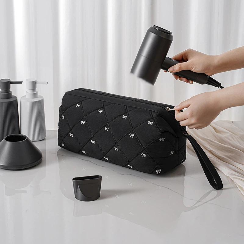 Women Hair Dryer Storage Bag For Travel Cute Bow Embroidery Quilted Hair Tools Waterproof Zipper Cosmetic Bags