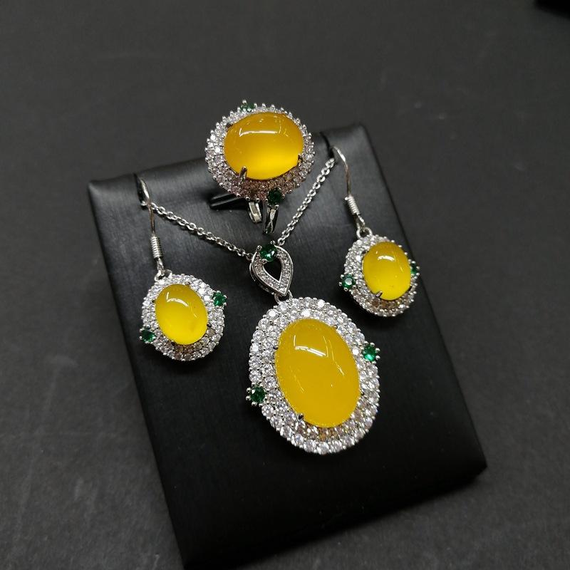 Роскошный комплект с инкрустацией халцедоном Dan Face, двусторонний зеленый бриллиант, комплект из трех частей из халцедона, кулон, кольцо, крючок для ушей