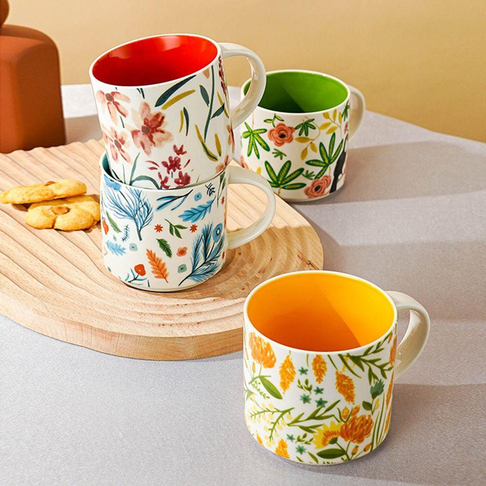 Durable Creative Ceramic Mug Hand-Painted Floral Colored Ceramic Coffee Mug with Handle Porcelain Tea Cup Family