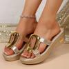 Fashion Metal Decoration Wedge Slippers for Women Fashion Gold Silver Platform Sandals Woman Summer 2025 Comfort Thick Sole Beach Slides