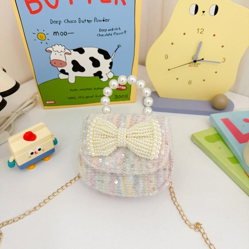Crossbody Bowknot Girls Bag Sparkly Cartoon Shoulder Bag With Pearl Chain Strap