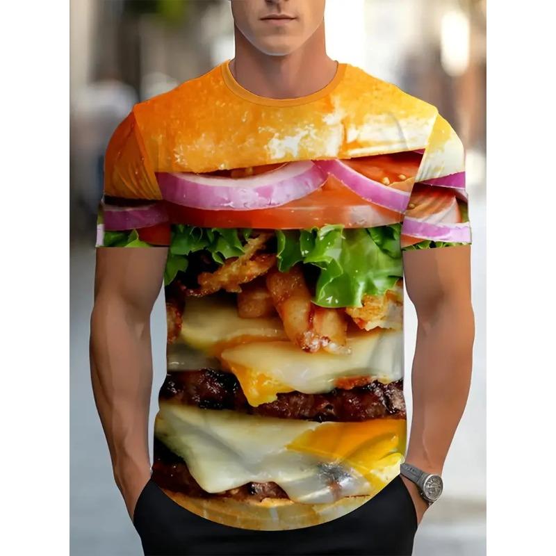 Men's 3D Printed Food Graphic T-Shirts Burgers Fries & Pizza Artistic Design T-shirts Summer Round Neck Short Sleeve Tops