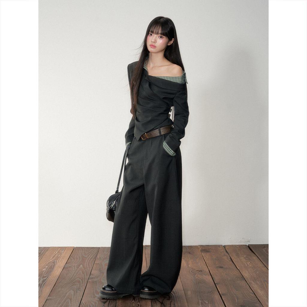 Осенняя клетчатая рубашка с длинным рукавом и открытыми плечами для женщин, приталенная, стройнящая, великолепный дизайн