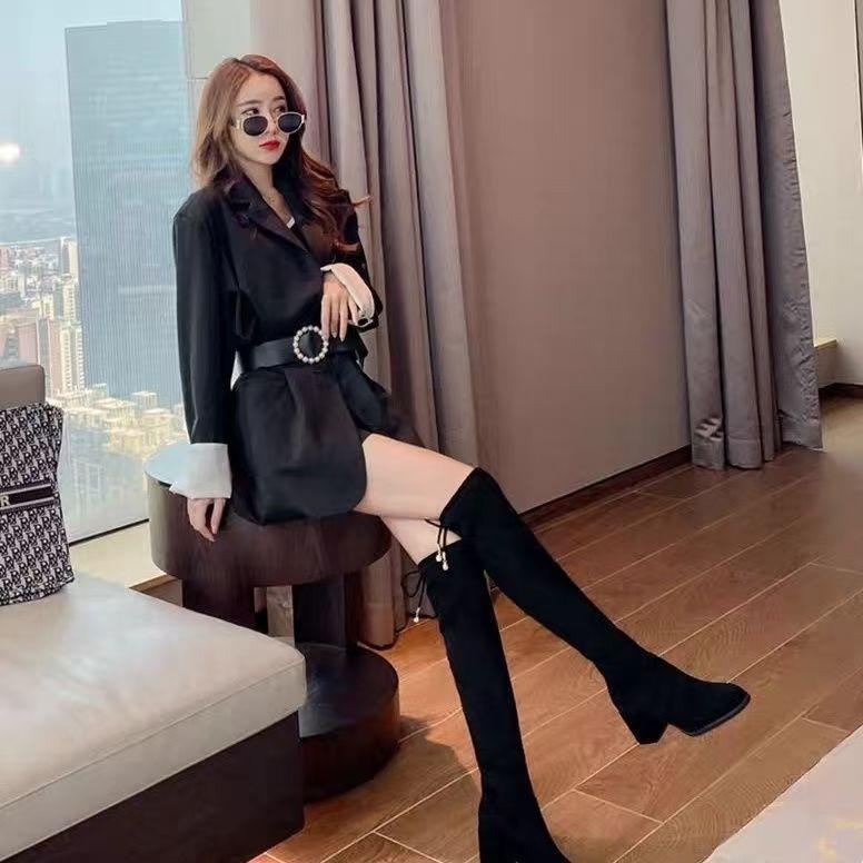 High-heeled Boots Skinny Elastic Boots Fleece Women's Knee Thick-heeled Thin Boots 2025 Autumn and Winter Popular Long Boots Women